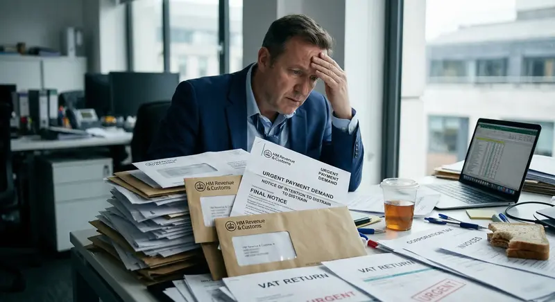 UK company director reviewing HMRC correspondence with a tax debt advisor