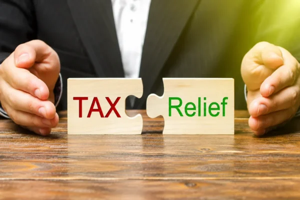 Wooden puzzle pieces labelled Tax and Relief being brought together
