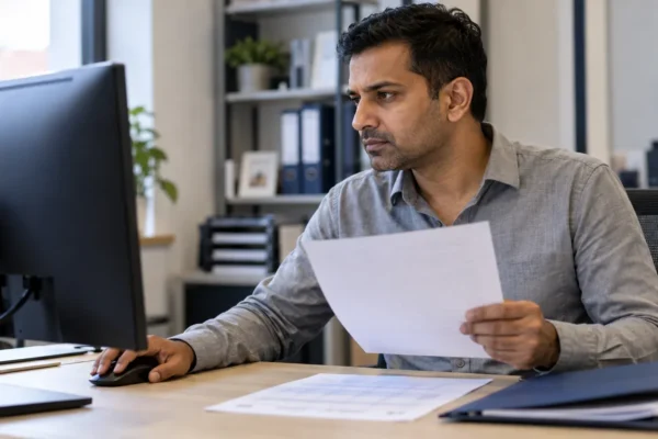 Accountant comparing a printed financial record with information on his computer
