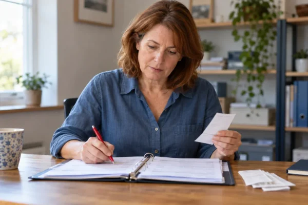 Business owner checking receipts against bookkeeping records