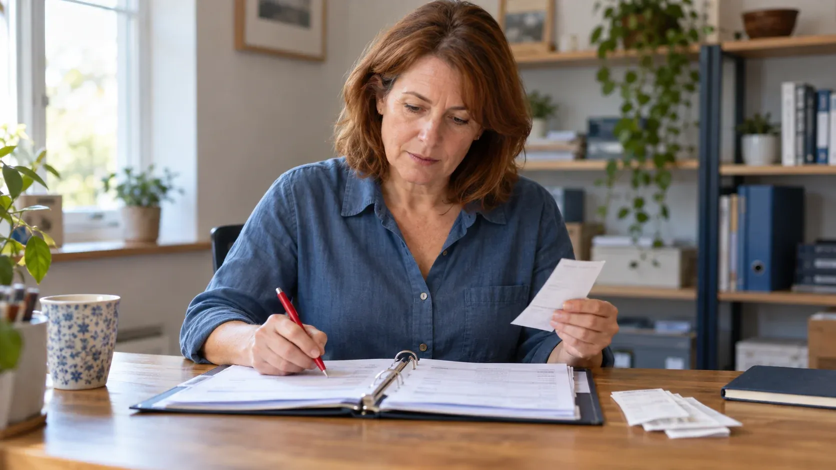 Business owner checking receipts against bookkeeping records