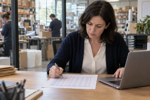 Business owner reviewing payroll records with staff working in the background