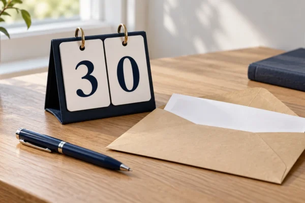 Desk calendar displaying 30 beside an opened envelope and pen