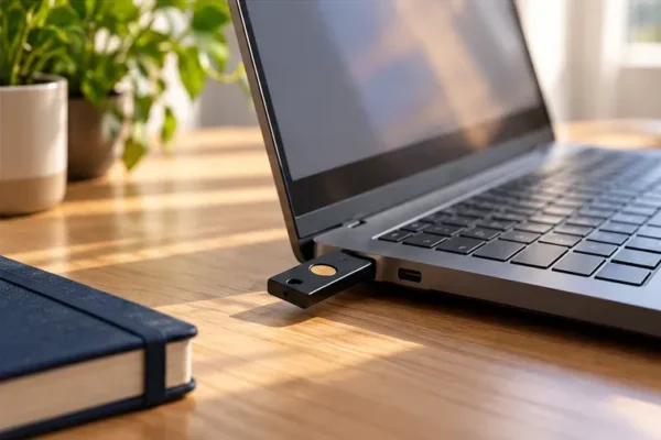 USB security key connected to a laptop beside a notebook