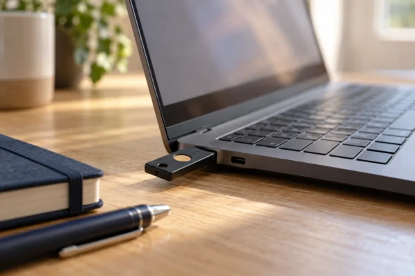 USB security key connected to a laptop beside a notebook