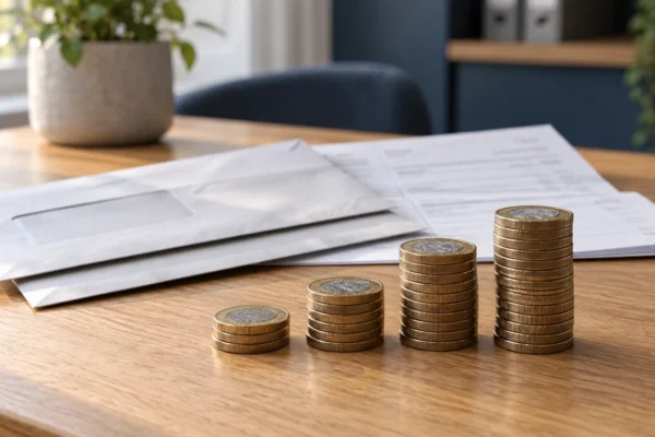 Increasing stacks of pound coins beside business correspondence