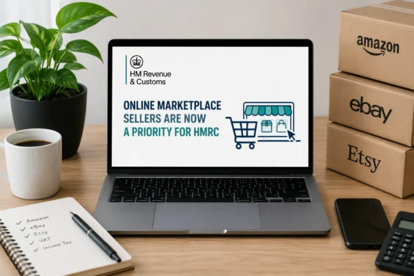 Company director reviewing online marketplace sales and HMRC tax records